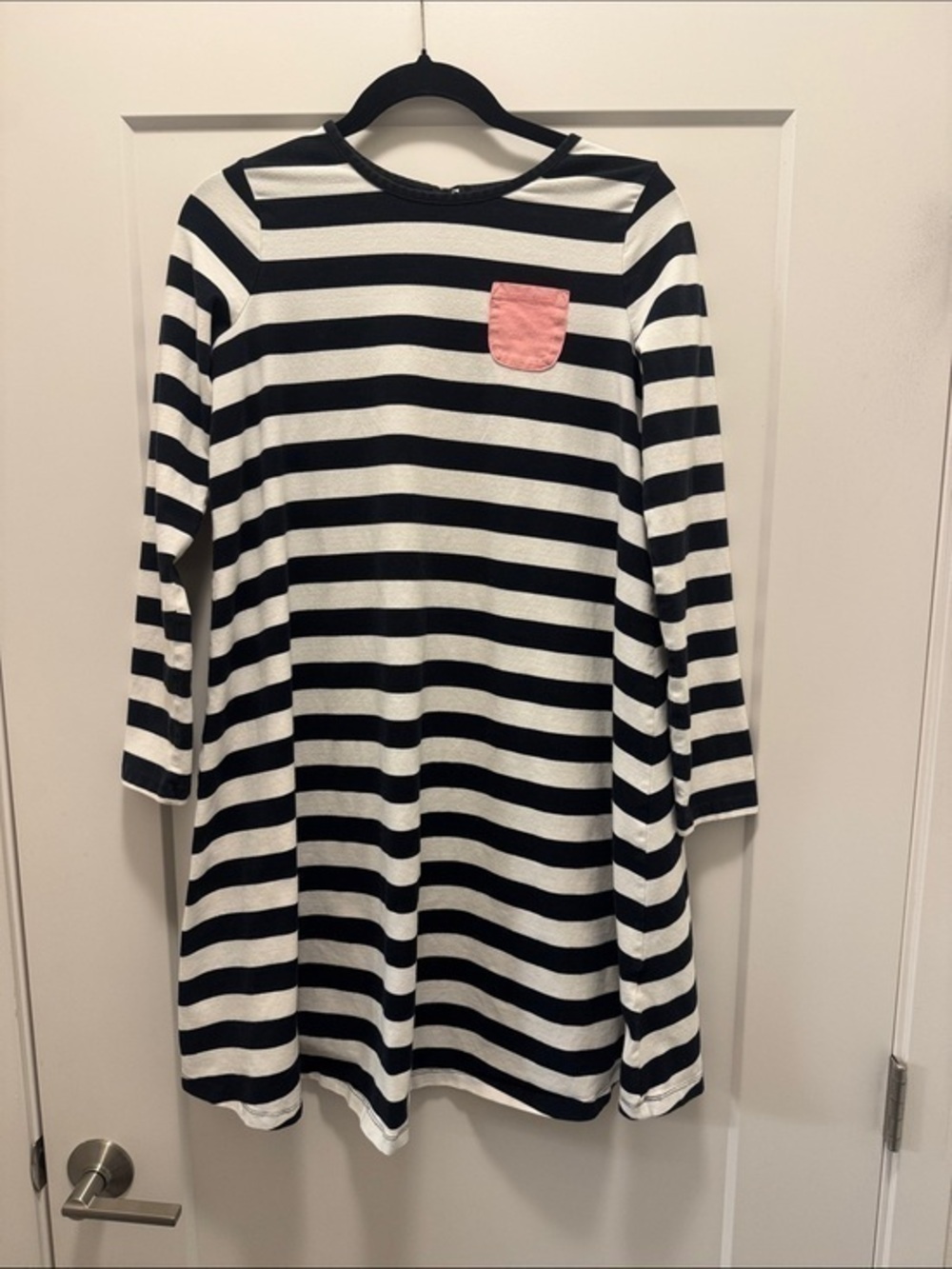 Hanna Andersson Black & White Striped Dress with Pink Pocket and Bow. 12-14.